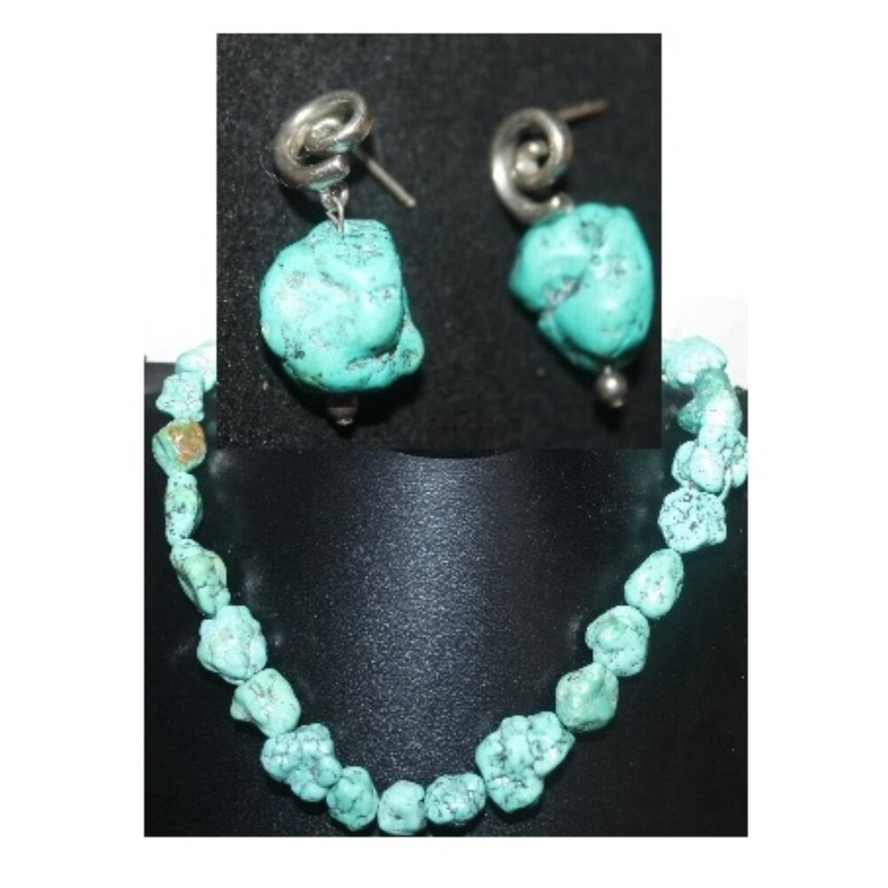 925 Sterling Silver Genuine Rock Turquoise Necklace & Earrings Set Bundle 94Gr - Picture 1 of 6